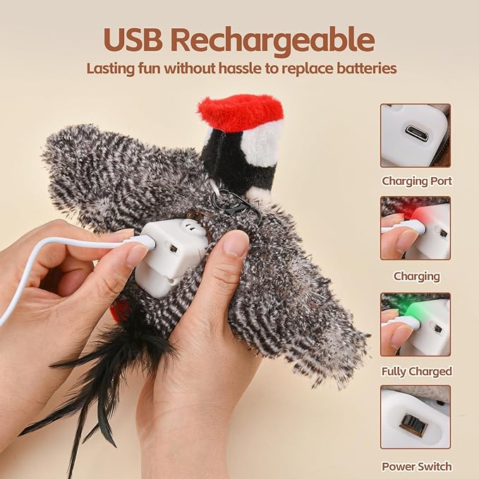 Flappy Bird Cat Toy for Indoor Cats, Simulated Chirping Flapping Wings Bird, Interactive Catnip Toys, Plush Kitten Exercise Toys (Woodpecker)