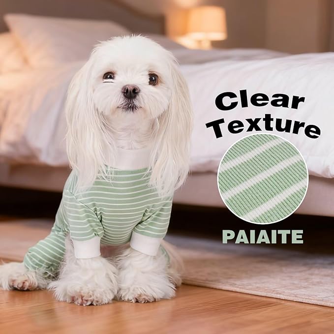 Paiaite Green Striped Dog Pajamas: 4-Legged Cotton Stretchable Jumpsuit Pjs - Lightweight Cozy Puppy Onesie Clothes, Comfortable Pet Sleepwear for Hair Shedding Coverage L