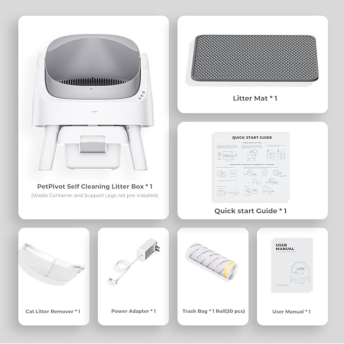 Self Cleaning Cat Litter Box, Open Top Litter Box for Multiple Cats, Automatic Cat Litter Box with Liners and Mat Included, Grey