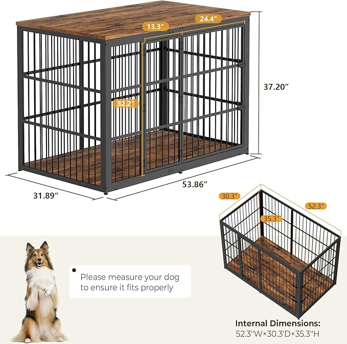 Lyromix 54" Dog Crate Furniture with Foldable Door, XXL Dog Crates for Large Dogs, Wooden Decorative Dog Cage Kennel Indoor End Table, Rustic Brown