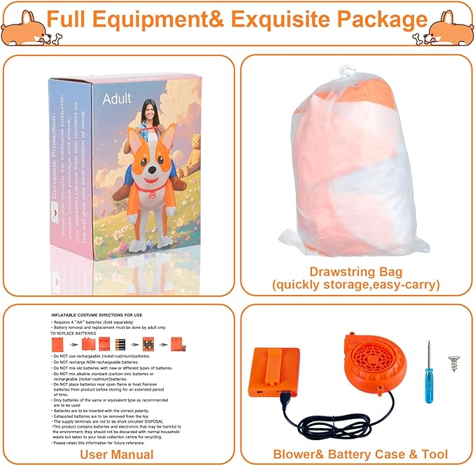 Inflatable Costumes for Adult Dog Costume Halloween Blow Up Ride on Corgi Costume Animal Suit for Men Women Cosplay Party