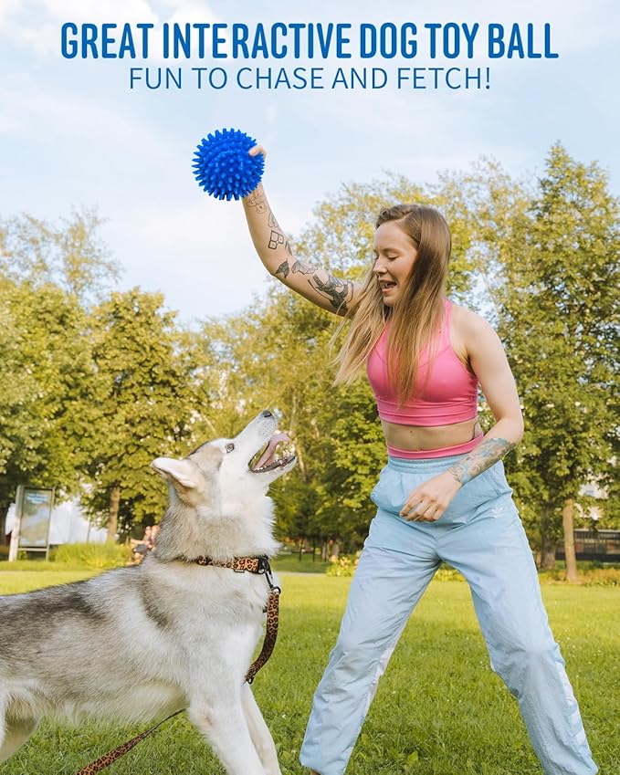 4.5” Heavy Duty Squeaky Dog Balls for Medium Large Dogs, Dog Toys for Aggressive Chewers, Spike Ball Toys for Clean Teeth and Training(2 Pack) (4.5" red and Blue)