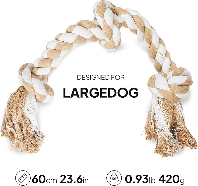 PetiFine Dog Rope Toys for Large/Medium Dogs, Chew Toys for Aggressive Chewers, Natural Cotton 3 Knots Interactive Tug of War Dog Pull Rope, Teeth Cleaning