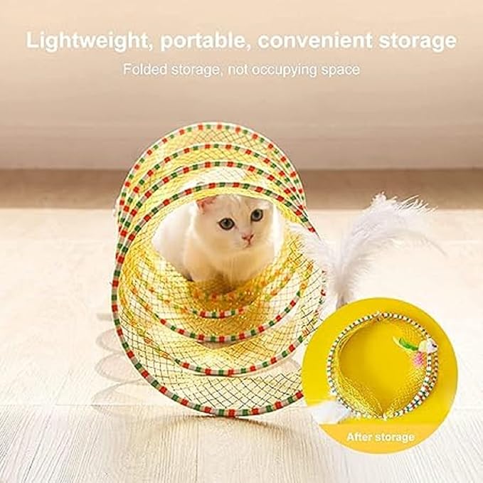 2Pcs Folded Cat Tunnel Toy for Indoor Cats,Collapsible Pet Spring Cat Toys with Feather Mouse Upgrade Interactive Toy Playing Tent for Puppy Kitten Accessories Home Self-Happy Cat Toys (Yellow)