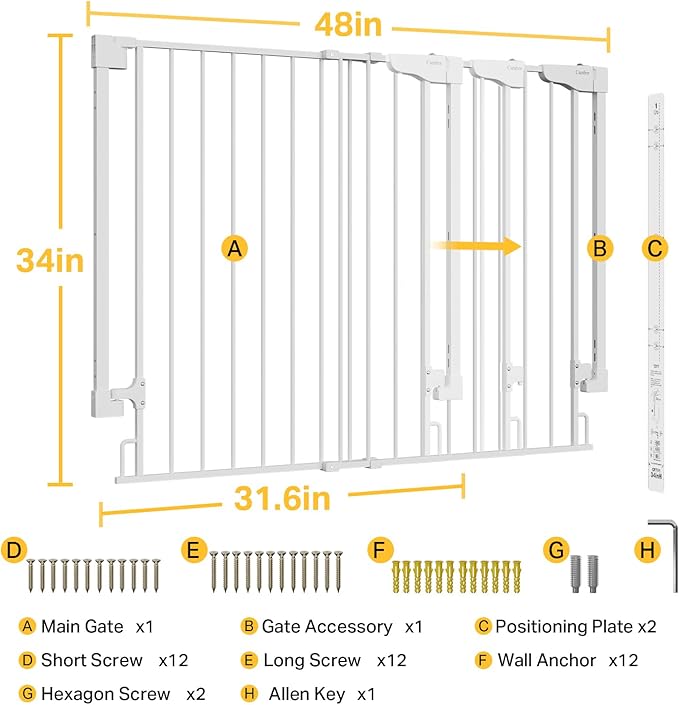 Cumbor 34" Extra Tall Baby Gate for Stairs, Wall-Mounted (Drill Required), Expandable 31.6-48" No Bottom Bar Dog Gate Indoor for Larger Pets, Large Walk Thru Door for Easy Access (White)