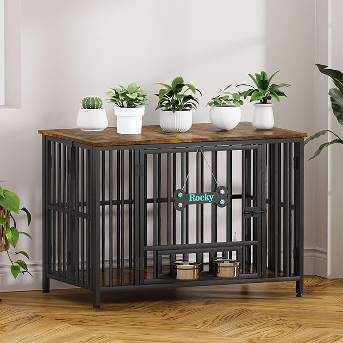 Easycom 41" Dog Crate Furniture Foldable, No Assembly Decorative Dog Kennel Indoor, Dog Crates for Large Dogs(35-60 lb), Wooden Dog Cage with Adjustable Bowls and Name Tag, End Table, Rustic Brown