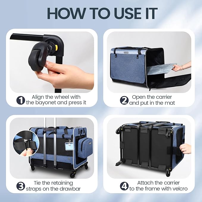 Petskd Extra Large Cat Carrier with Wheels and Litter Box, 24"x17"x17" Rolling Soft Carrier Until 55LBS Pets with 5 Breathable Mesh Windows and Locking Zippers for Long Distance Car Travel(Blue)