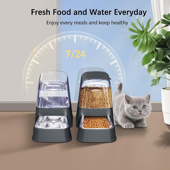 Automatic Dog and Cat Food Feeder and Water Dispenser Set with Stainless Steel Bowls,Gravity Pet Food and Water Feeders,100% BPA-Free,Large Capacity for Cats Dogs Pets…(3.5L Dark Gray)