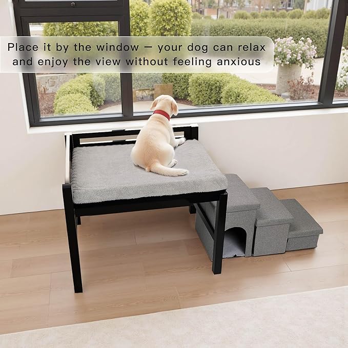 Bedside Dog Bed with Stairs,35×23 Wooden Elevated Dog Bed Cosleeper with Removable Mattress, Foldable 3-Step Stairs & Guardrail, Bassinet-Style Pet Bed for Medium Dogs