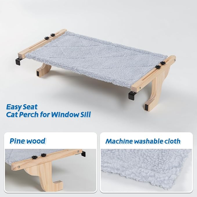 Zakkart Easy Seat Cat Perch for Window Sill - Hammock Design w/Pine Wood & Robust Metal Frame - Cat Window Seat for Large Cats and Kittens (Natural Color Wood w/Gray Bed, Large (26''W x 14''D))