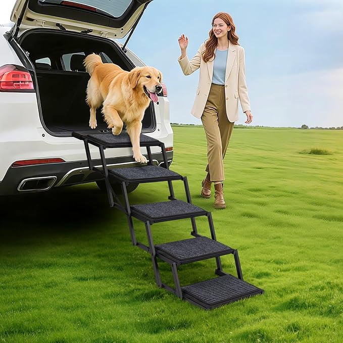 Dog Steps for Car, Truck and SUV - Foldable Pet Stairs for Large Dogs with Non-Slip Rug Surface, Lightweight Dog Ramp Holds Up to 250lbs, 5 Steps