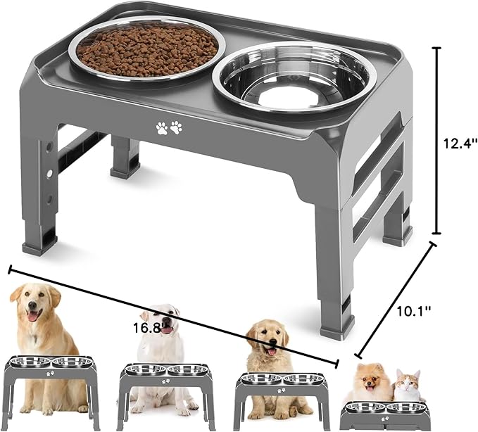 Elevated Bowls, 4 Height Adjustable Raised Stand With 2 Thick 50oz Stainless Steel Food Bowls, Non-Slip Feeder for Large Medium Dogs, Adjusts to 3.7", 9.2", 10.75", 12.36" Grey