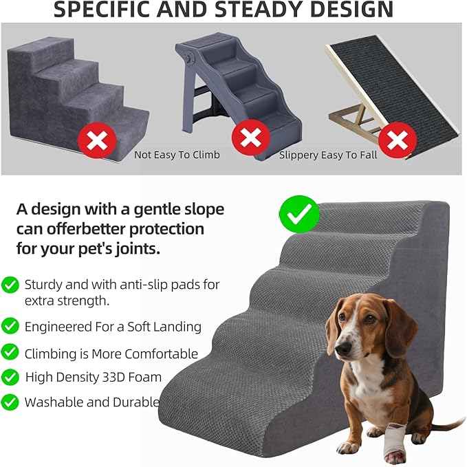 5 Step Pet Stairs Ramp for High Beds Sofas 23-30 Inch with Sturdy Non Slip Waterproof Pads, Machine Washable Cover Indoor Balanced Design for Cats Dogs Small Medium Large XL Pets Grey Large