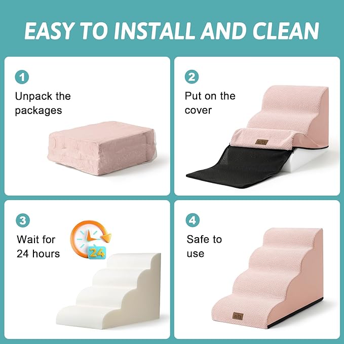 Dog Stairs for Small Dogs 15.7" H, Curved Dog Step for Puppy, Older Cat, Medium Pet Ramp for Sofa, Couch or Chair, Ladder with High Density Foam, 3 Step, 15.7x22.4x15.7 inch, Pink
