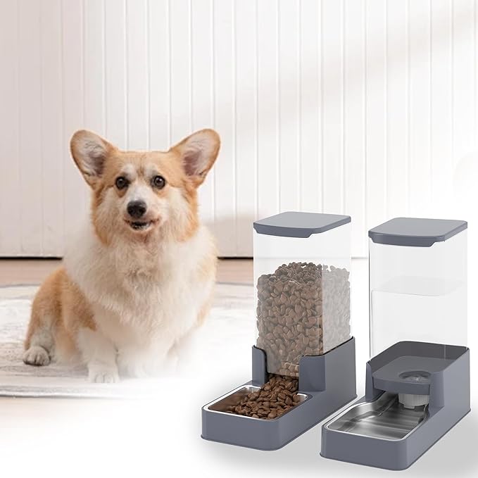 Stainless Steel Cat Feeder and Water Dispenser,Gravity Waterer & Food Feeder Set with Stainless Steel,Large Capacity Pet Food Bowl for Small Medium Dog Pets Puppy Kitten(Grey,1 Gallon)