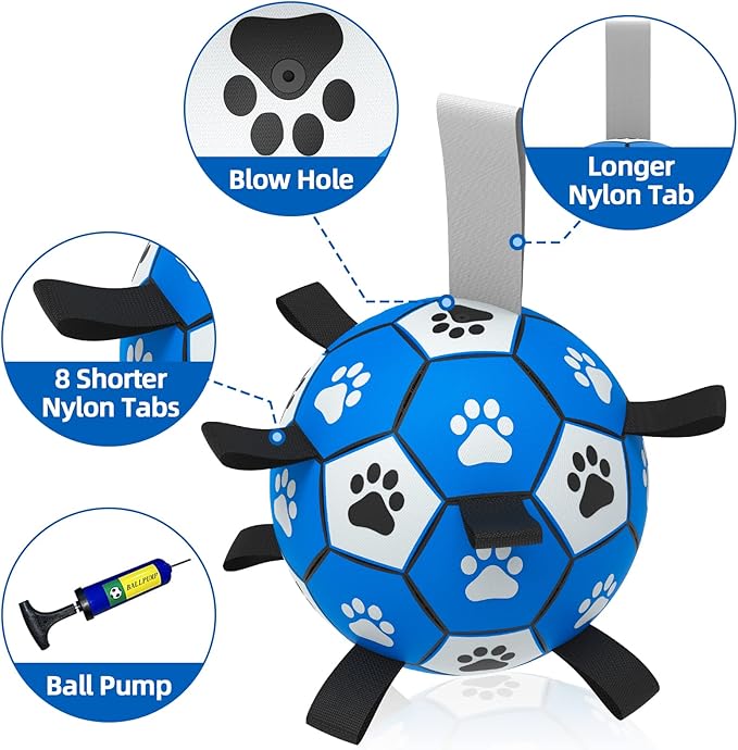 QDAN Dog Ropes Toys, Soccer Ball with Straps, Puppy Birthday Gifts, Durable Balls for Medium Large Dogs-Blue&Grey(8 Inch)