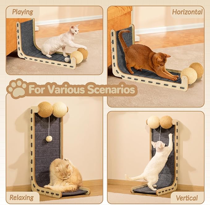 Cat Scratcher Felt Cat Scratch Pad for Cats with Sisal Balls Cat Scratching Board Large Scratchers for Indoor Adult Cat Scratching Furniture Protector Post Toy L Shape 28.4 Inch Grey