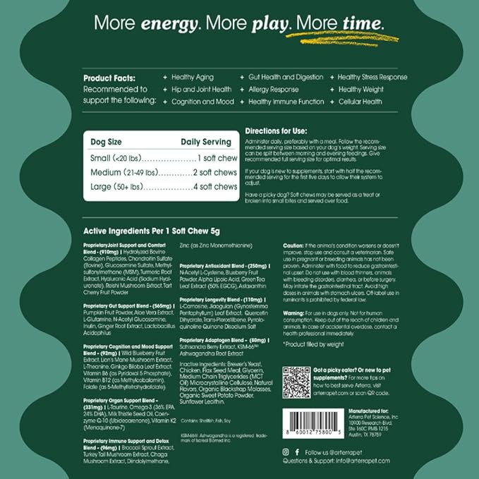 Arterra Longevity Multivitamin for Dogs – 50% Active Ingredients – Vet-Formulated Daily Soft Chews for Gut, Brain, Joint & Immune Health – Human-Grade Supplement | 60 Count