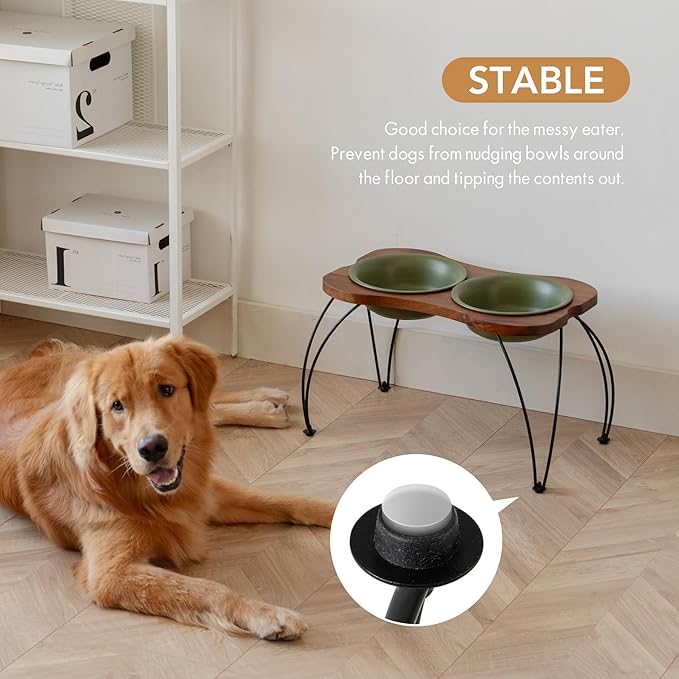 Ceramic 8.7-inch Raised Double-Bowl Set with Non-Slip Stand, Food & Water Dishes for Large Dogs, Wide Opening with Rounded Edges(Olive Green)