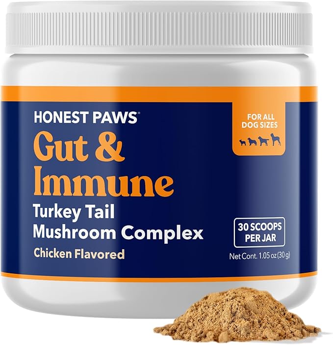 Honest Paws Turkey Tail Mushroom for Dogs - Digestive and Immune Support - Shiitake, Reishi, Maitake Mushroom Supplement Powder for Dogs - No Filler, No Additives - (30 Scoops)