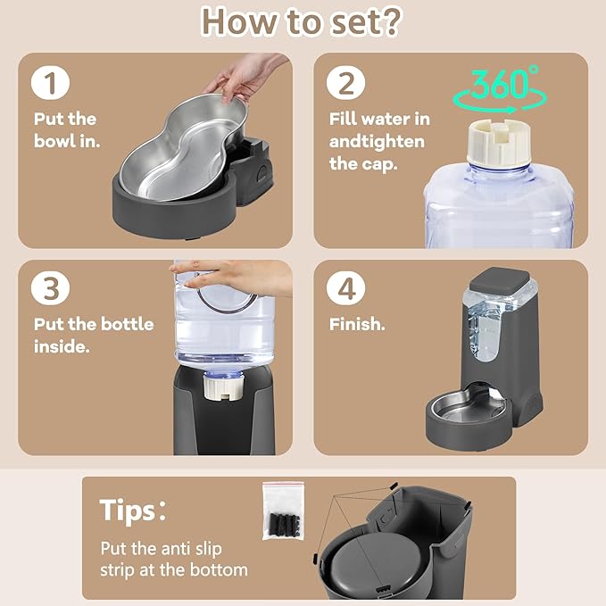 Automatic Cat Water Feeder and Food Bowl, Gravity Stainless Steel Cat Waterer Set for Small Medium Kitten Puppy Pets(1 Gallon + 12oz,Grey)