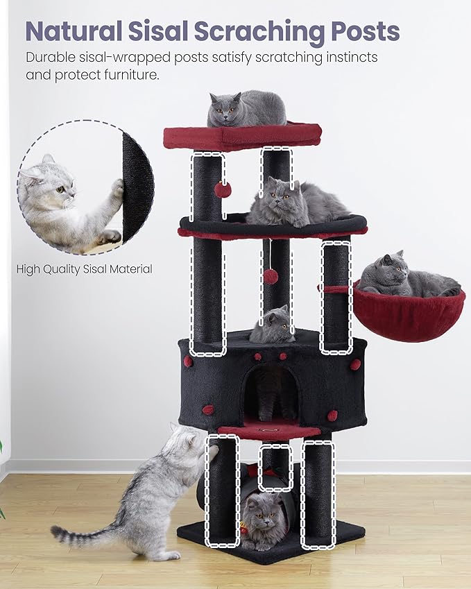 Cat Tree Tower for Indoor Cats Large Adult - Heavy Duty Extra Wide Scratching Post (φ4.4in) Maine Coon Condo House with Hammock Tunnel - 60 Inch XL Feline Bed Trees - Big Multi Level Cat Houses Stand