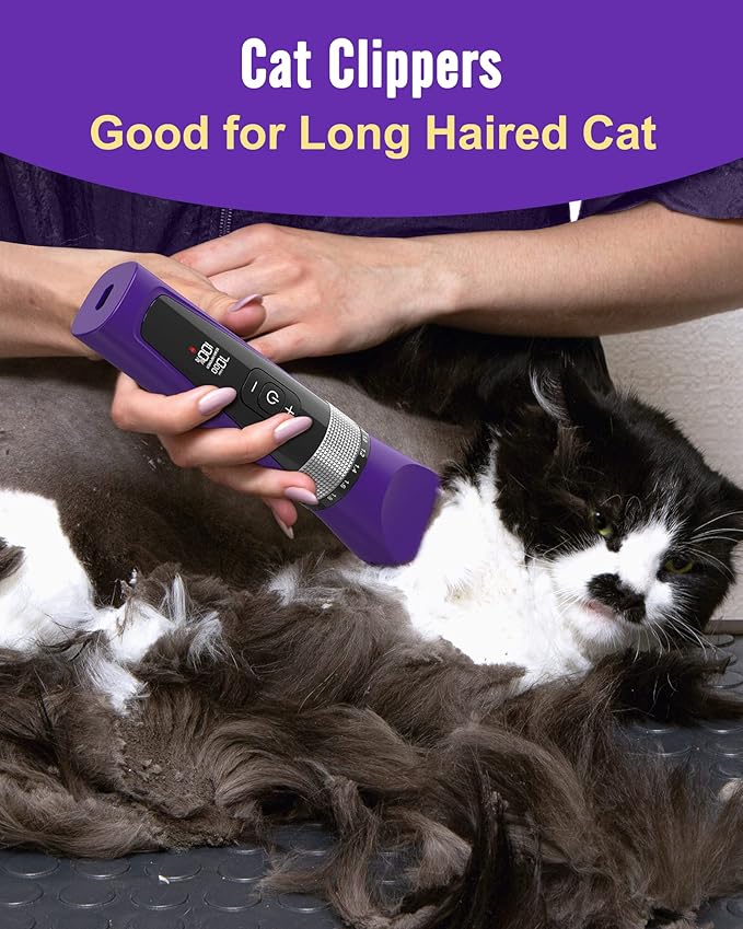 oneisall Cat Grooming Clippers for Matted Long Hair, 5-Speed Cat Grooming Kit Cordless Low Noise Pet Hair Clipper Trimmer Shaver for Dogs Cats Animals (Purple)