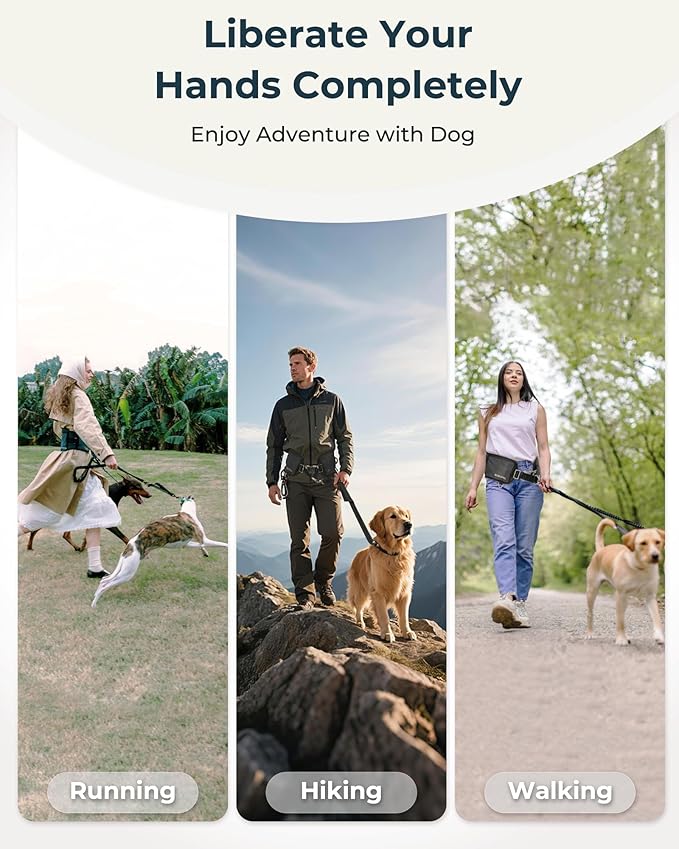Hands Free Dog Leash with Ergonomic Waist Belt, Zipper Pouch, Reflective Bungee & Double Handle, for Medium & Large Dogs (20–100 lb), Walking, Running & Car Travel