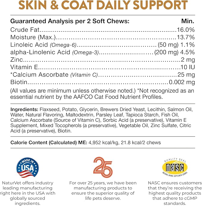 NaturVet Skin and Coat Plus Breath Aid for Dogs, 70 ct Soft Chews, Made in The USA with Globally Source Ingredients