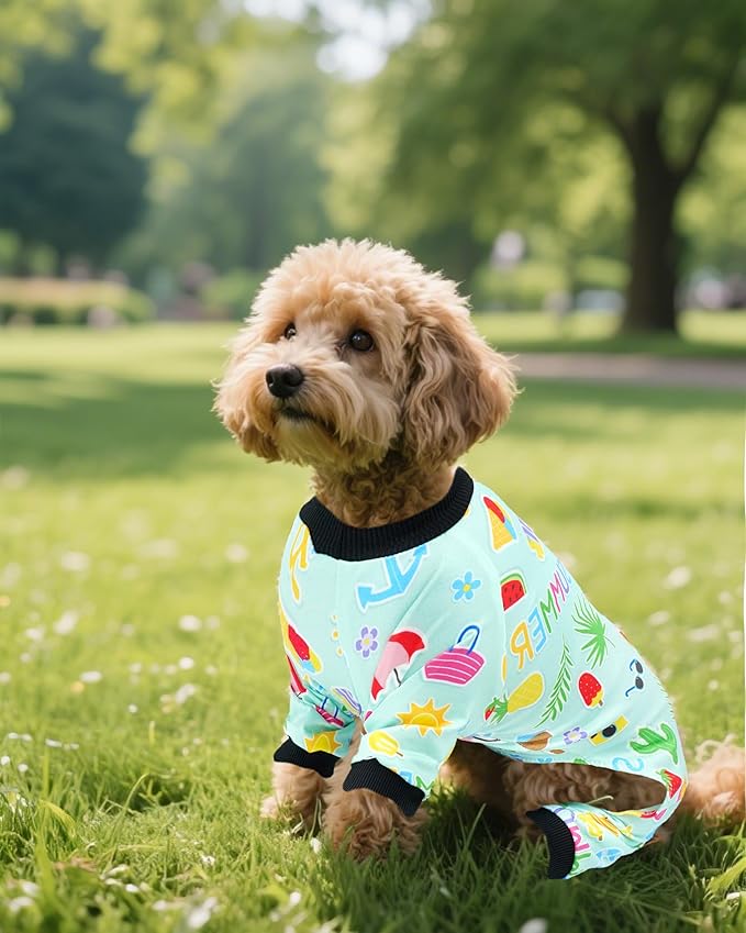 PET SHOW 4 Pack Small Dog Pajamas Watermelon Doggies Soft Stretchy PJs Whale Ice Cream Jumpsuit Puppy Cats Girl Boy Floral Onesies Outfits with Sleeve Pets Breathable Summer Dog Clothes Costume M