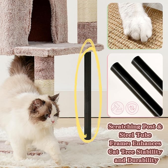 Heybly Cat Tree, 49.2 Inches Cat Tower for Indoor Cats, Spacious Cat House Condo with Hidden Space,Sturdy Steel Tube,Soft Plush Top Perch,Cozy Hammock and Sisal Scratching Posts, Muchroom HCT200SMU