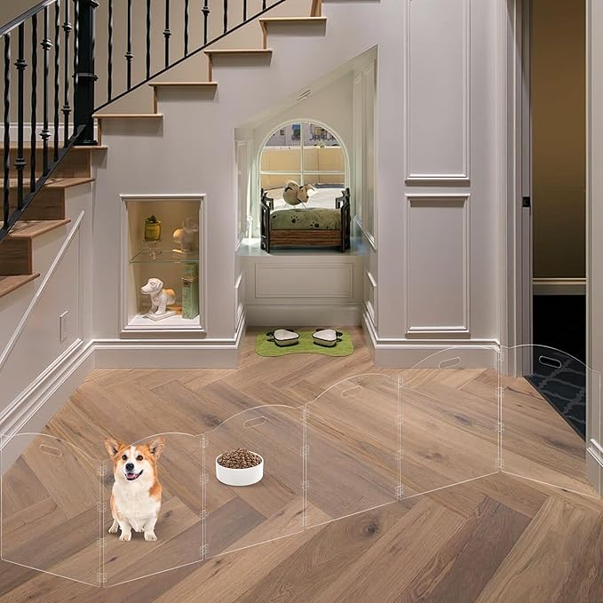Acrylic Dog Playpen for House 6 Panel 120" W x 24" H Foldable Dog Gate Indoor with Handles, Free-Standing Pet Fence Clear Dog Pen for Medium Dogs Puppy Cat Rabbit Accessories