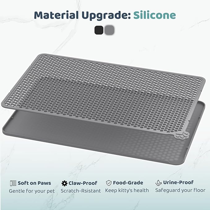 Silicone Litter Box Mat 24"x15" (Keep Floor Clean)(Easy Clean)(Anti-Crease)(Built to Last)(Non-Slip)(Double Layer Detachable)(Soft on Paws)(Claw-Proof)