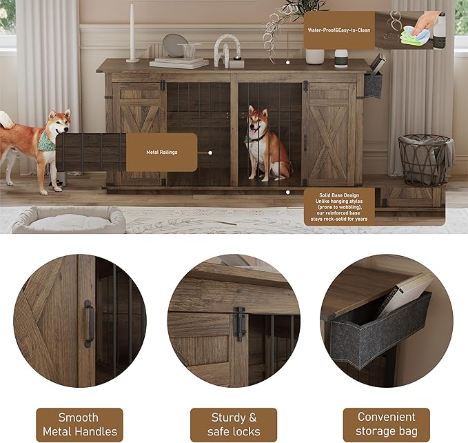 Large Dog Crate Furniture for 2 Dogs, Extra-Large Indoor Dog House with Partition, Heavy-Duty Sturdy Dog Kennel for Large Dogs, 1 Storage Bag, Farmhouse Style Cage