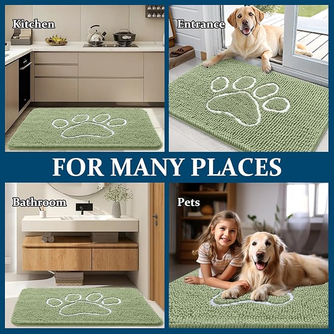 OLANLY Dog Door Mat for Muddy Paws 30x20, Paw Print Design, Absorbs Moisture and Dirt, Non-Slip Washable Doormat, Quick Dry Chenille Mud Mat for Dogs, Entry Indoor Entryway Carpet, Sage Green