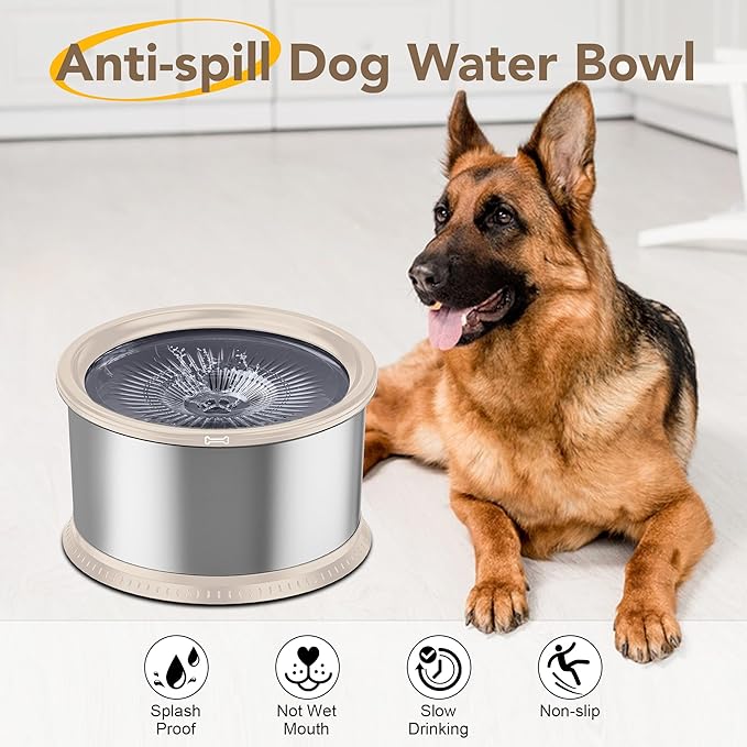 4.5L/1.2Gal Dog Water Bowl, No Spill Stainless Steel Slow Water Bowl for Medium Large Dogs, Large Capacity Splash Proof Slow Drinking Water Bowls with Anti-Slip Mat for Mess Drinkers, Beige