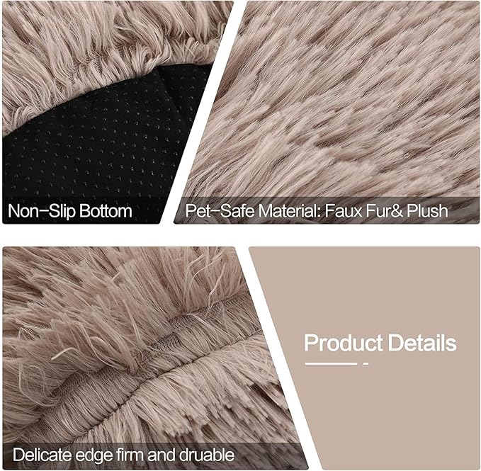 Cat Beds for Indoor Cats - Cat Bed Washable 24 inches, Dog Beds for Small Medium Dogs, Anti Anxiety Round Fluffy Plush Faux Fur Cat Bed, Thick Bottom (Light Brown, Large 24" L x 24" W)
