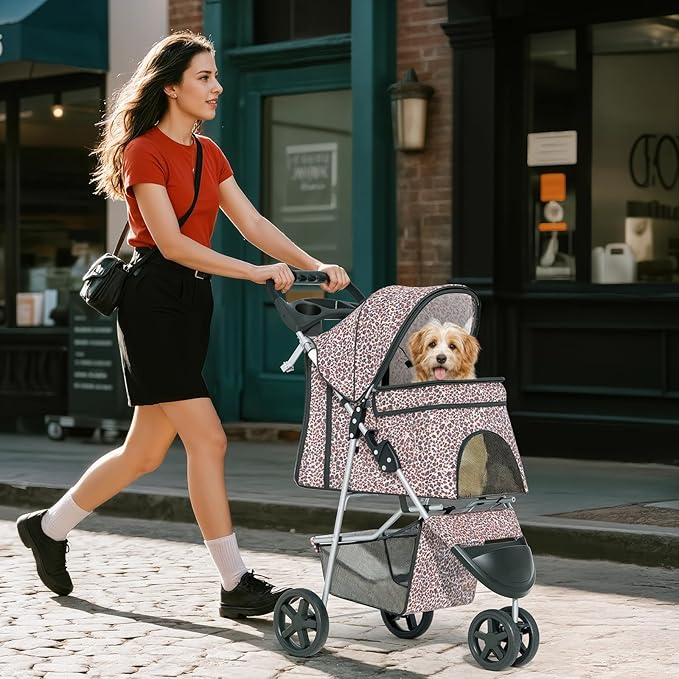Cat Dog Stroller,3-Wheels Pet Stroller for Medium/Puppy Dogs 30 Lbs, with Storage Basket and Cup Holder, Breathable Mesh Leopard Print