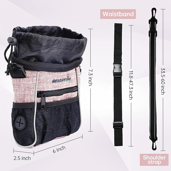 Dog Treat Pouches Training Walking Bag with Shoulder Strap, Large Space for Pets Food, Polyester Fabric, 3-Way Wearing Design, Portable Pet Bagand Easy to Clean (Pink)