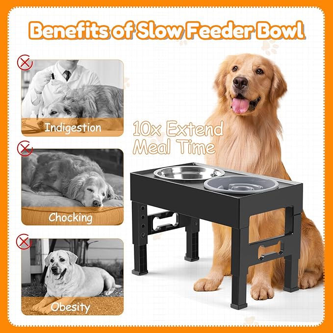 Elevated Dog Bowls with Slow Feeder and 2 Stainless Steel Bowls, Raised Dog Food Bowl Stand 5 Heights Adjustable (3.1", 9", 10", 11", 12" Tall) Non-Slip Feeder for Medium Large Dogs