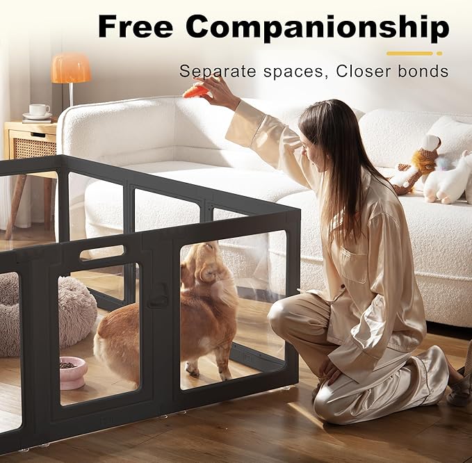 Clear Acrylic Dog Playpen Indoor, Puppy Cat Small Pet Play Pen, Pet Cat Foldable Playpen for Rabbits, Dog Fence Crate Kennel Whelping Cage (Black, 8 Panel)