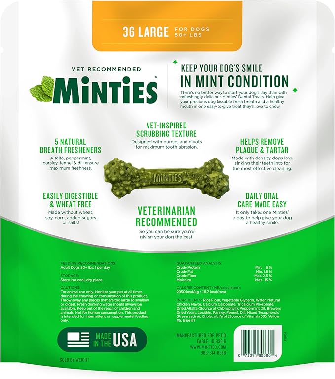 Minties Dental Chews for Dogs, 36 Count, Vet-Recommended Mint-Flavored Treats for Large Dogs Over 50 lbs, Dental Bones Clean Teeth, Fight Bad Breath, and Removes Plaque and Tartar