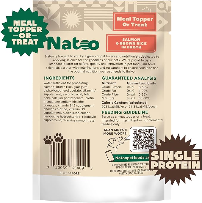 NATOO Dog Food Topper for Picky Eaters & Dog Treat (Salmon with Brown Rice), Dog Toppers for Dry Food, Wet Meal Toppers for Dogs & Puppies, Limited Ingredient Dog Food, 3 oz (Case of 20)
