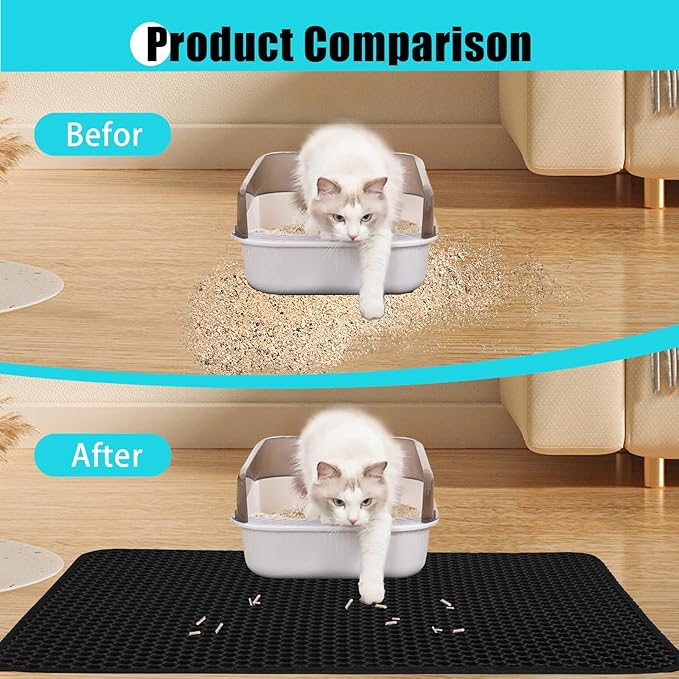 Cat Litter Mat, Kitty Litter Collector, Double Layered Honeycomb Design Waterproof, Anti Urine, Anti Slip, Easy to Clean, Limit Garbage (26"x46.5", Black)