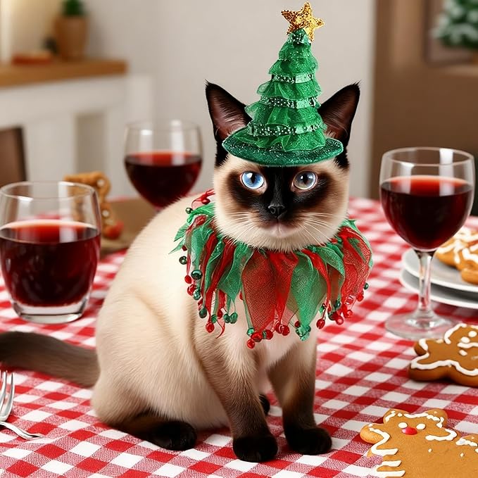 Cat Christmas Costume with Tutu Collar & Green Shiny Hat - Festive Outfit for Cats, Small Dogs, Holiday Party Dress Up for Thanksgiving, Christmas, Birthday Photos