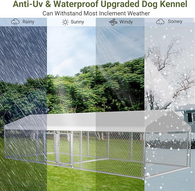 Rovibek 7.5 ×19.7 FT Outdoor Dog Kennel with Roof, Two Rooms Dog Kennel Outside with Waterproof Sunproof Cover, Galvanized Heavy Duty Dog Kennel and Enclosure for Outside with Secure Lock