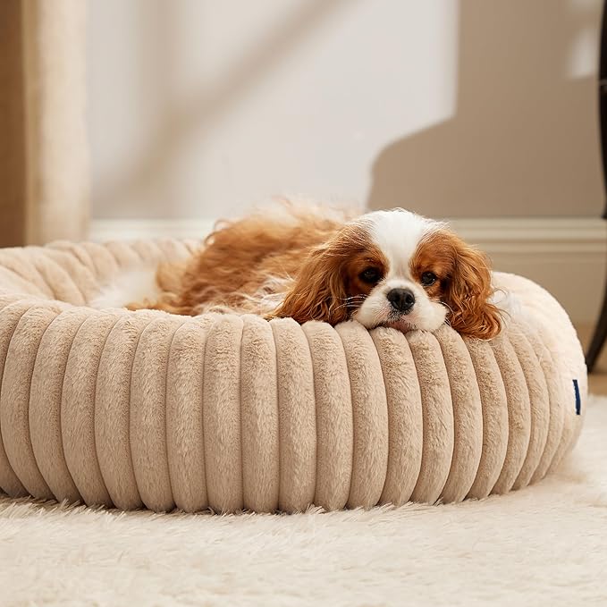 Bedsure Medium Dog Bed - Washable Faux Fur with Corduroy Fleece & Anti Slip Bottom, Round Pet Bed with Removable Cover, Sandy Beige, 30x30x8 inches