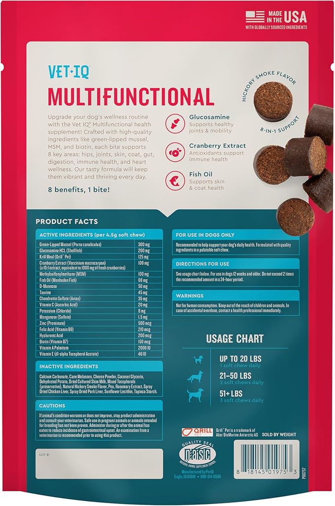 VetIQ 8-in-One Multifunctional Supplement for Dogs, Supports Hip & Joint, Urinary Tract, Immune System, Skin Health and Heart Health, Soft Chews, Made in The USA, 60 Count (Pack of 2)