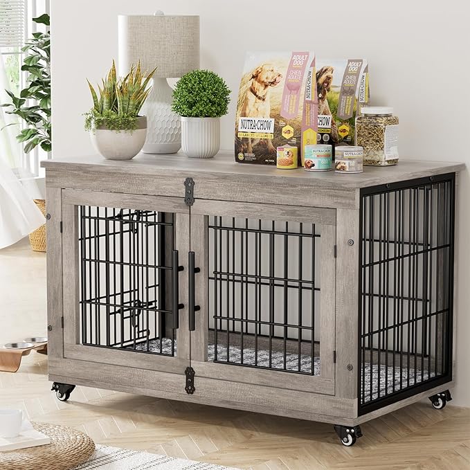 Lulive Dog Crate Furniture Set of 2, Dog Kennel Indoor Double Doors Wooden Dog Cage, 38'' Heavy Duty Dog Crate with Cushion & Wheels, End Table Pet House Chew-Resistant Up to 70 lb, Grey
