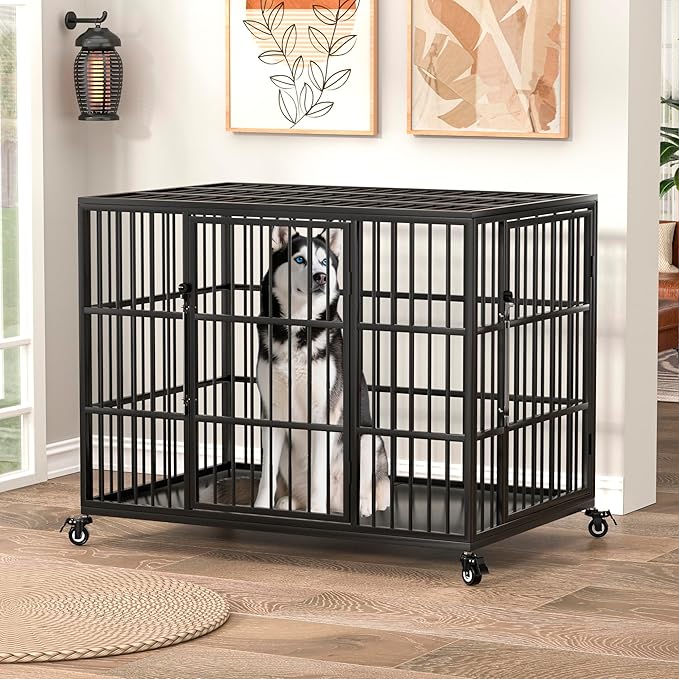 VERIFURTY 42 Inch Heavy Duty Dog Crate for Large and Medium Dogs with Self-Locking Latch, Escape-Proof Steel Kennel Indoor, XL Large Double Door Metal Pet Cage with Wheels